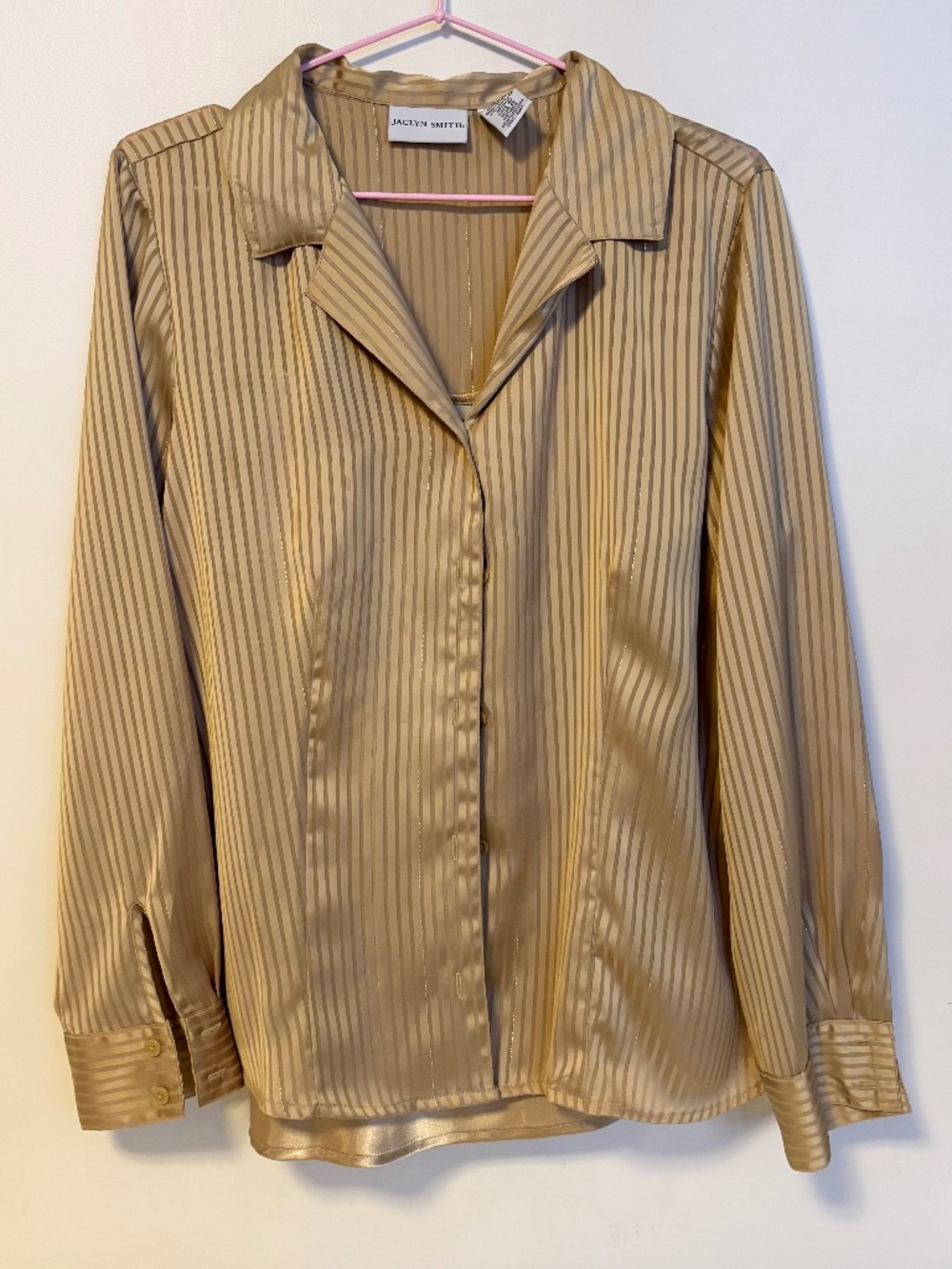 Jaclyn Smith Satin Silky Layered Button Down Top Metallic Gold Stripes Womens L